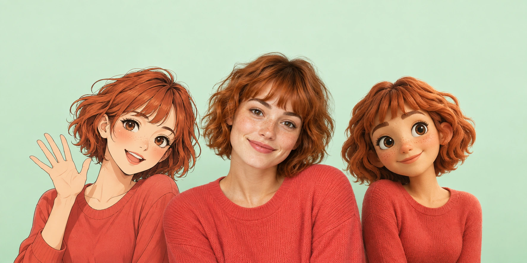 A red-haired woman reimagined as an anime character, a photographic portrait and a clay-style cartoon
