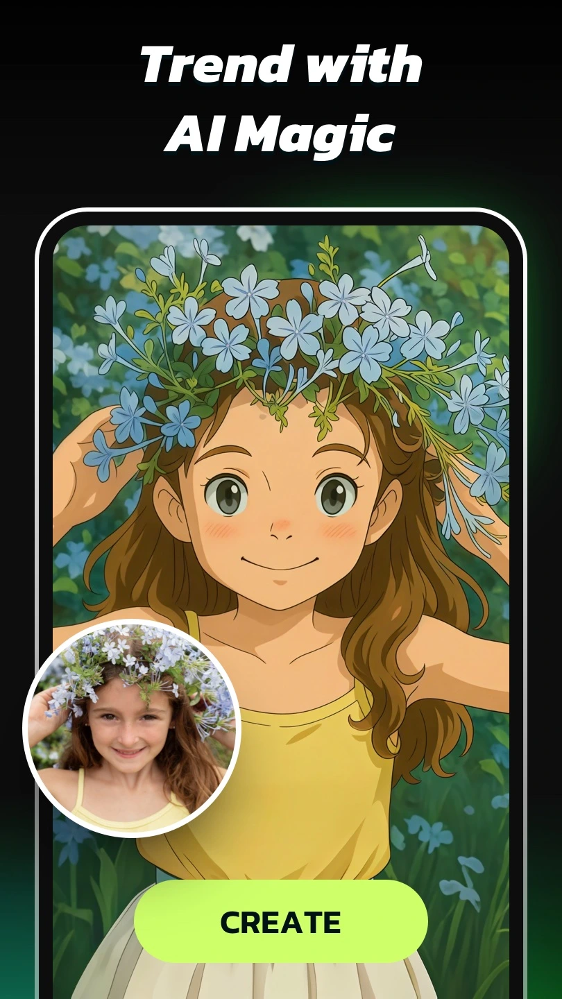 Official AI Morph preview of a photo transformed into a floral anime portrait